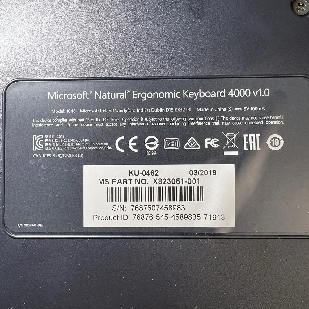 WORKS Microsoft Natural Ergonomic Keyboard USB 4000 v1.0 KU-0462 Tested 2019